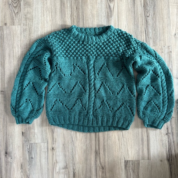 Handmade Wool Sweater Teal Crochet Knit - Picture 1 of 14